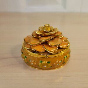 JOAN RIVERS Peach & Gold Rose Flower Brooch Earrings Enamel Trinket Box Set EUC